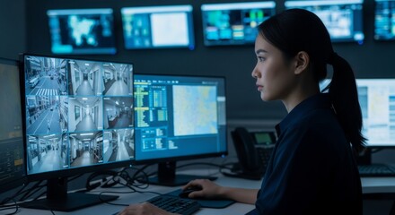 Woman monitoring security cameras. Asian female professional observing surveillance feeds on multiple screens for safety and control.