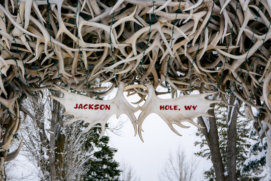 Deer antlers make up the sign in the main square in Jackson Hole, Wyoming