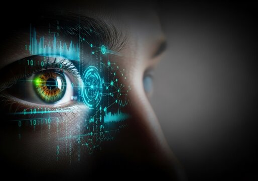 Woman's eye with digital data overlay. Biometric identification for cyber security. Future technology and data protection concept. - Powered by Adobe