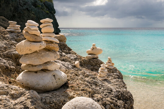 stacked rocks on the beach in Willemstad, Cura&ccedil;ao