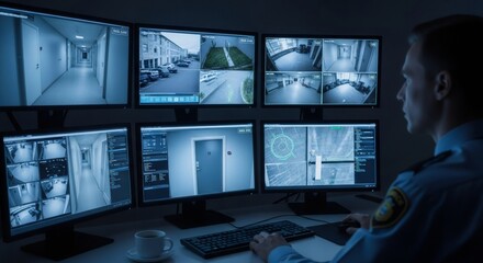 Security guard monitoring multiple surveillance camera screens with various views showing hallways and outdoor areas.