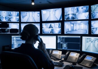 Woman security operator monitoring cctv footage on multiple screens, talking on phone. Surveillance and control room concept.