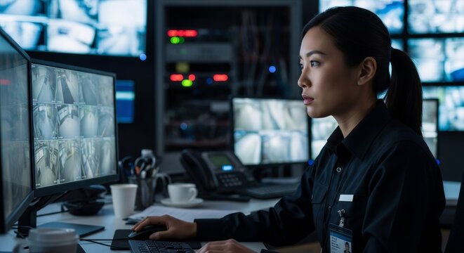 Asian woman working as a security operator, monitoring cctv cameras on multiple screens in a surveillance room for safety. - Powered by Adobe
