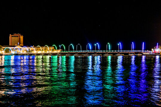 the lights at night of the Queen Emma bridge in Willemstad, Curaçao