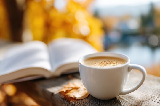 White coffee cup and open book resting on a wooden railing with autumn leaves in a tranquil outdoor setting