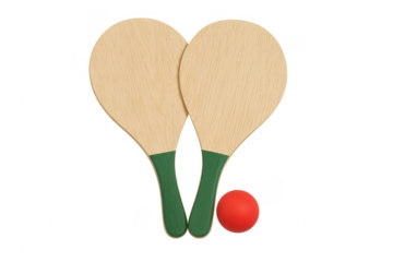 Two wooden beach tennis rackets and red ball on transparent background