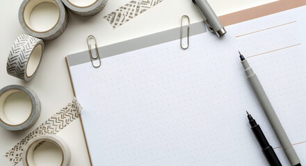 Blank Dot Grid Notebook with Washi Tape and Pens, Minimalist Flat Lay for Creative Planning, Journaling, or Study with Copy Space