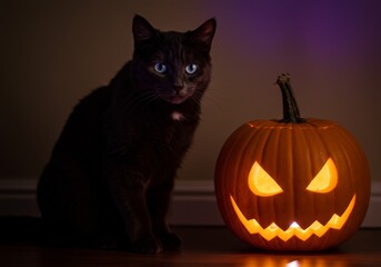 Black cat sitting next to a glowing jack-o'-lantern