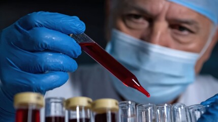 Close up of scientist dripping blood sample from pipette into test tube, conducting medical research in laboratory setting