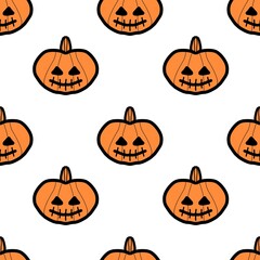 Seamless Halloween pumpkin pattern with spooky faces on white background, perfect for festive design, wallpaper, fabric, party decor, and seasonal illustration.
