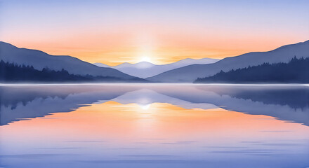 Fototapeta premium A tranquil sunrise over a misty mountain lake with a perfect reflection in the calm water.