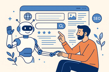 Man integrating with robot.  vector illustration of a man with laptop