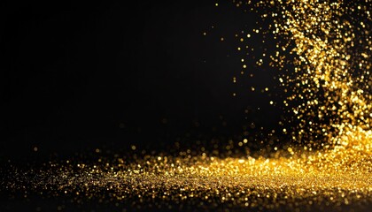 Fototapeta premium A shimmering cascade of golden particles dances against a dark background, creating a magical and enchanting atmosphere.