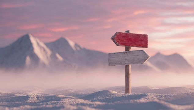 Wooden signposts in snowy mountains at sunset