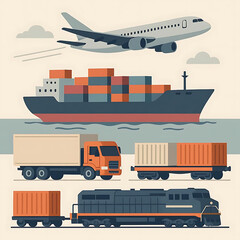 Transportation Vehicles Set in Isometric Style. Cargo Ships, Aircraft, Goods Trucks, and Freight Trains for Global Logistics, Cargo Transport, Import, and Export Concepts. Flat Vector Illustration.