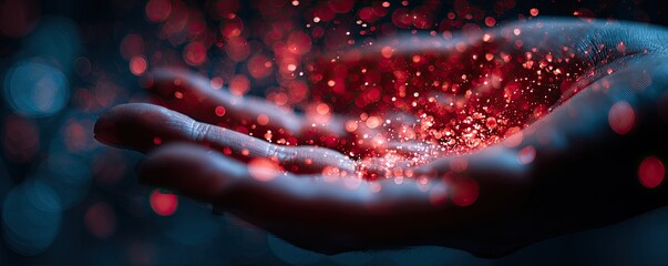 Red glitter in a hand, dark background
