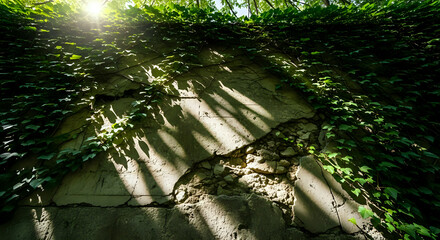 Sunlight beams illuminate lush green ivy reclaiming an old, cracked, and weathered concrete wall in a forgotten place.