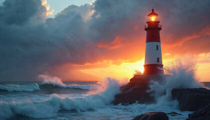 Majestic red and white lighthouse stands tall against a dramatic ocean sunset. Crashing waves illuminate rocky shore, symbolizing steadfastness, guidance, and maritime strength.