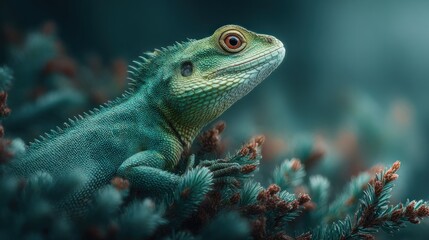 Obraz premium Emerald Lizard Perched on Teal Conifer Branches