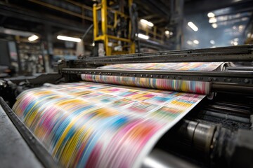 Colorful newspaper rolls moving through a printing press