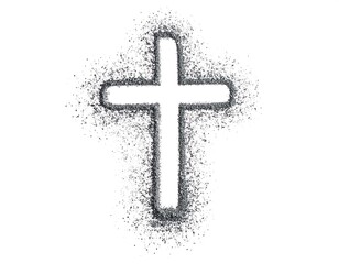 A simple cross shape formed by gray particles on a white background