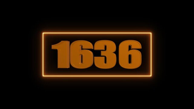 Orange 3D number 1636 inside a glowing neon orange rectangle on black background three dimensional
