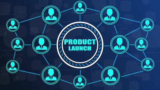 Product launch network diagram with teal user icons connected by lines and central text on dark blue background