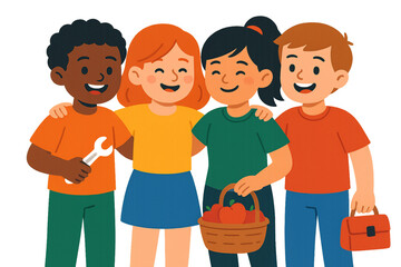 Diverse Group of Happy Kids Hugging and Role Playing - Illustration of Unity and Friendship