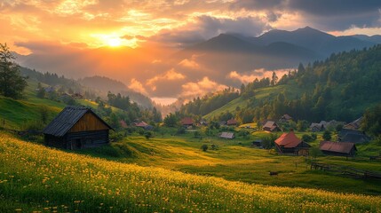 Landscape view of a valley village with mountains and a sunset sky.