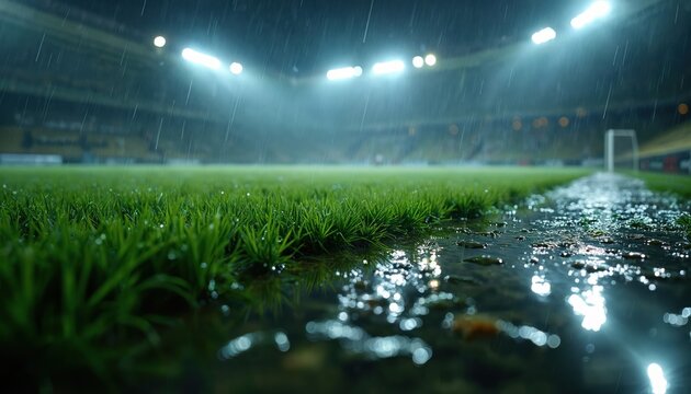 Rain falls on green football pitch, reflecting bright stadium lights. Wet grass, puddles, and dramatic lighting create moody, atmospheric scene. Focus on textured, waterlogged field and stadium glow.