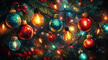 Christmas tree with colorful ornaments and lights creating a festive holiday atmosphere.