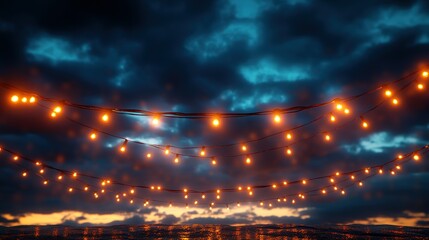 Fototapeta premium String lights hang against a dark cloudy sky with a sunset glow.