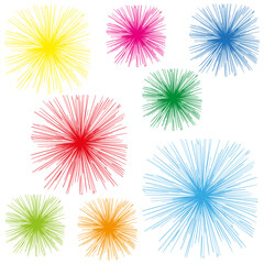 Vibrant spark elements. Colorful burst shapes. Dynamic glow Vector. White background illustration.