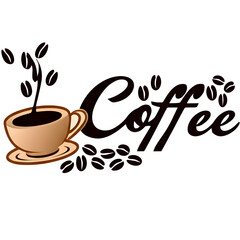 Coffee Logo with Coffee Beans
A simple logo or illustration on a white background. On the left, there is a light brown coffee cup filled with dark coffee