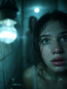 Terrified young woman in dimly lit hallway, fear and anxiety concept, cinematic horror scene