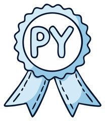 Cute Hand-Drawn Blue Award Ribbon Rosette with PY Initials, Winner Prize or Quality Badge Icon