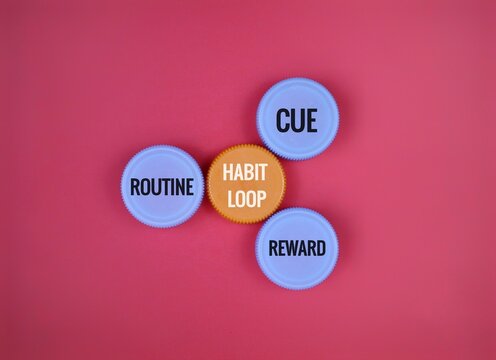 Habit Loop Diagram Representing Cue, Routine, and Reward Concepts on red Background