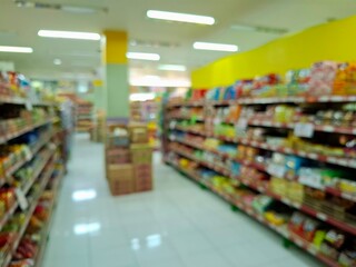 Blurry and unfocused photo of a supermarket with rows of shelves displaying various daily necessities. As a background photo, eye level view.