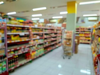 Blurry and unfocused photo of a supermarket with rows of shelves displaying various daily necessities. As a background photo, eye level view.