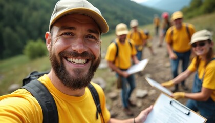 Group of smiling volunteers in yellow shirts participate in outdoor environmental conservation. Hold checklists, engage in teamwork, contributing to cleaner landscape through organized cleanup,