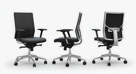 Modern ergonomic office chair with adjustable armrests and swivel base, presented from three different angles for clear viewing.