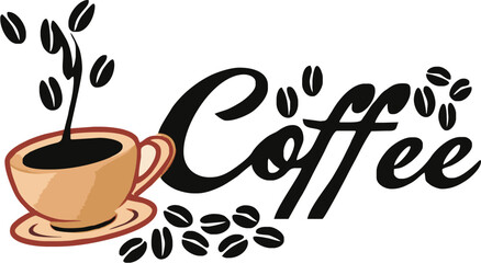 Coffee Logo with Coffee Beans
A simple logo or illustration on a white background. On the left, there is a light brown coffee cup filled with dark coffee