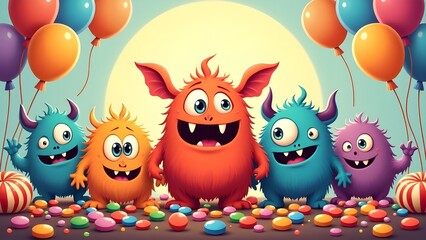Naklejka premium A group of friendly cartoon monsters surrounded by piles of colorful candies and lollipops, balloons floating above, bright and playful Halloween illustration. 