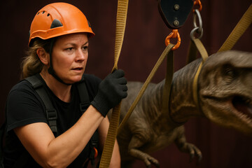 Focused female technician in safety helmet adjusting harness on dinosaur animatronic during exhibit setup indoors