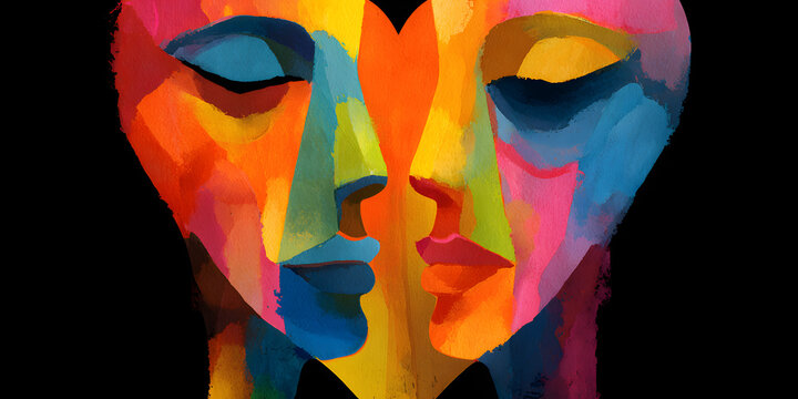Naklejki spiritual esoteric couple two futuristic faces in heart shape symbol colorful art paint illustration