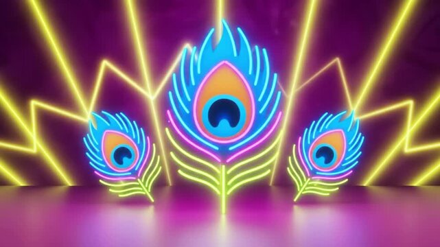 Vibrant Neon Peacock Feathers Glowing with Colorful Lights on a Purple Background