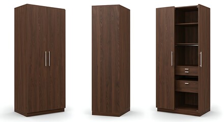 A modern two-door dark wood wardrobe shown from multiple angles, featuring internal shelves and drawers for bedroom storage.