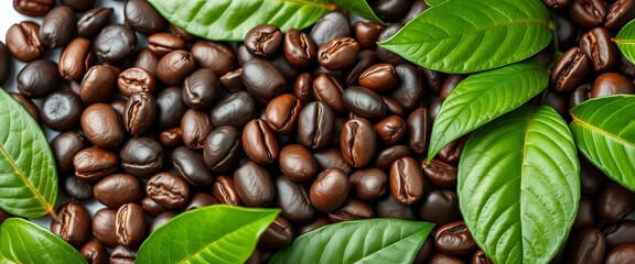Obraz premium Dark roasted coffee beans & vibrant green leaves, isolated, foliage, isolated