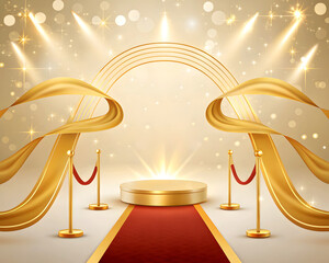 A luxurious golden display scene with a glowing podium at the center