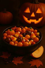 A bowl of halloween candy with a pumpkin 
